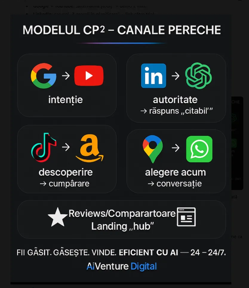Modelul CP² – canale pereche: Google→YouTube, LinkedIn→Asistenți AI, TikTok→Shop, Maps→WhatsApp; Reviews→Hub.